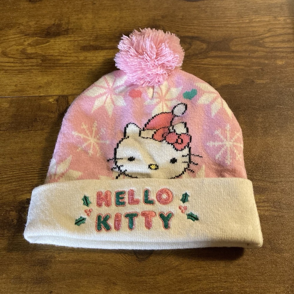 Hello Kitty Beanie Hat Cap Winter Pink/White Snow Flake‎ Pom Cuffed  NWT
